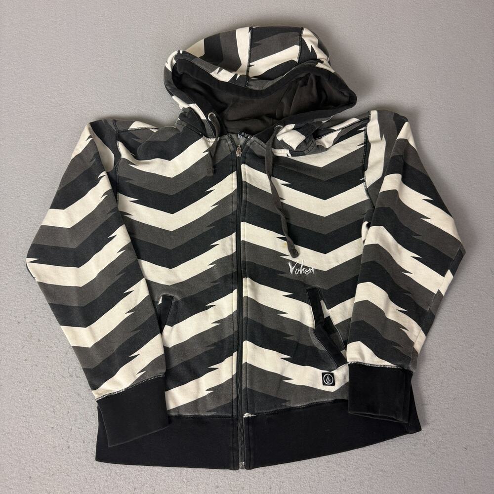 Volcom Arrow Stripe Full Zip Hoodie Womens M Black White Chevron Skate Y2K